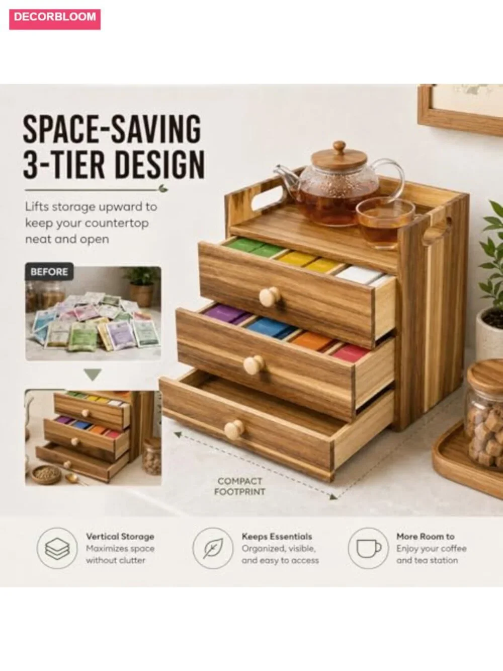 3-Tier Acacia Wood Tea Bag Organizer with 14 Compartments and Drawer